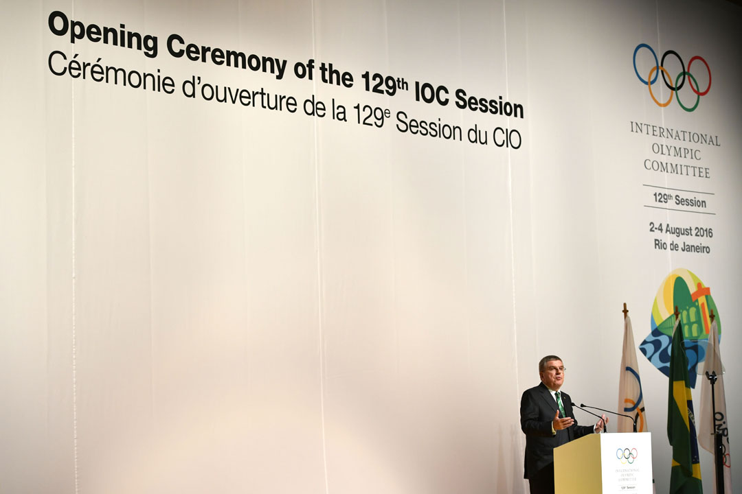 RIO DE JANEIRO, BRAZIL - AUGUST 1: International Olympic Committee (IOC) President Thomas Bach speaks during the opening ceremony of the 129th International Olympic Committee session, in Rio de Janeiro on August 1, 2016, ahead of the Rio 2016 Olympic Games. (Photo by Fabrice Coffrini-Pool/Getty Images)