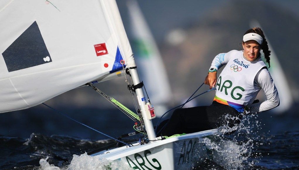 RIO DE JANEIRO, BRAZIL - AUGUST 13: Lucia Falasca of Argentina competes in the Women's Laser Radial class on Day 8 of the Rio 2016 Olympic Games at the Marina da Gloria on August 13, 2016 in Rio de Janeiro, Brazil. (Photo by Laurence Griffiths/Getty Images)