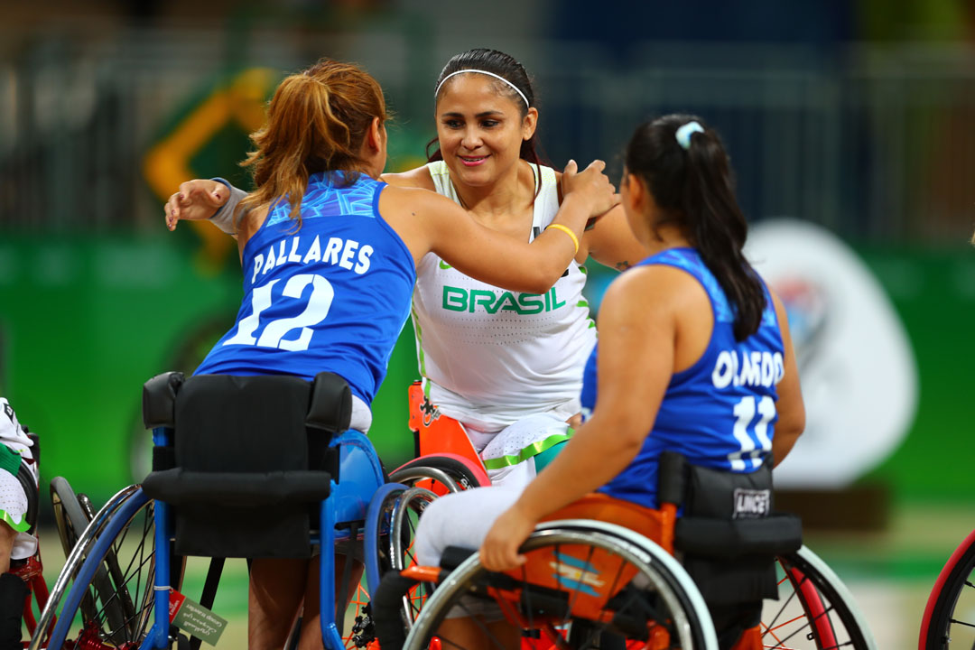 RIO DE JANEIRO, BRAZIL - SEPTEMBER 8: Lia Martins of Brazil and Maria Pallares of Argentina before the Wheelchair Basketball match at the Arena Carioca 1 on day 1 of the Rio 2016 Paralympic Games on September 8, 2016 in Rio de Janeiro, Brazil. (Photo by Lucas Uebel/Getty Images)