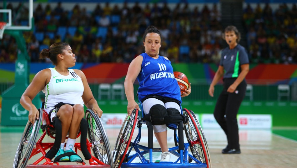 RIO DE JANEIRO, BRAZIL - SEPTEMBER 8: Jessica Santana of Brazil and Mariana Capdevilla of Argentina during the Wheelchair Basketball match at Arena Carioca 1 on Day 1 of the Rio 2016 Paralympic Games on September 8, 2016 in Rio de Janeiro, Brazil. (Photo by Lucas Uebel/Getty Images)