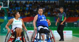 RIO DE JANEIRO, BRAZIL - SEPTEMBER 8: Jessica Santana of Brazil and Mariana Capdevilla of Argentina during the Wheelchair Basketball match at Arena Carioca 1 on Day 1 of the Rio 2016 Paralympic Games on September 8, 2016 in Rio de Janeiro, Brazil. (Photo by Lucas Uebel/Getty Images)