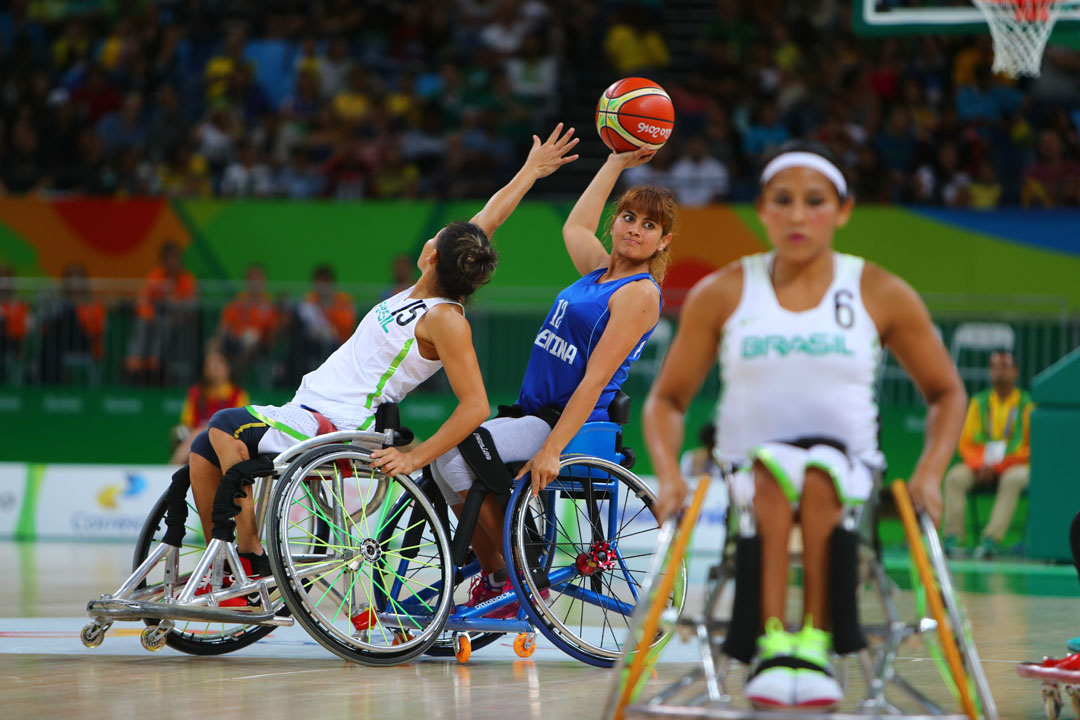 RIO DE JANEIRO, BRAZIL - SEPTEMBER 8: Vileide Almeida of Brazil and Maria Pallares of Argentina during the Wheelchair Basketball match at Arena Carioca 1 on Day 1 of the Rio 2016 Paralympic Games on September 8, 2016 in Rio de Janeiro, Brazil. (Photo by Lucas Uebel/Getty Images)
