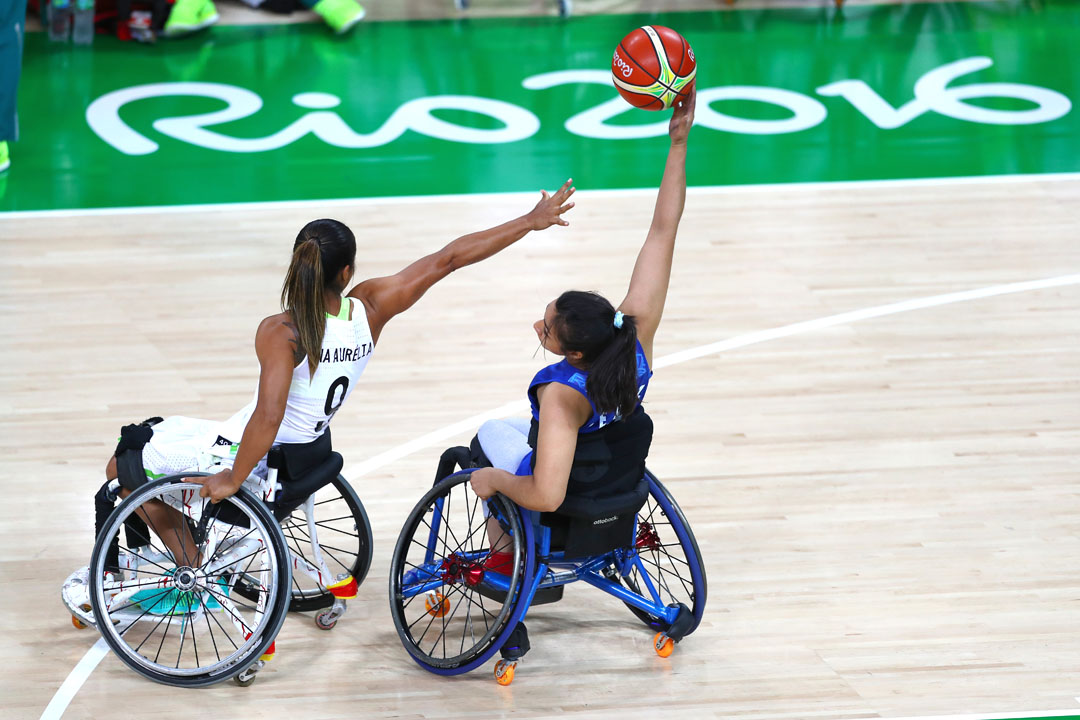 RIO DE JANEIRO, BRAZIL - SEPTEMBER 8: Ana Aurelia Rosa of Brazil and Maria Pallares of Argentina during the Wheelchair Basketball match at Arena Carioca 1 on Day 1 of the Rio 2016 Paralympic Games on September 8, 2016 in Rio de Janeiro, Brazil. (Photo by Lucas Uebel/Getty Images)