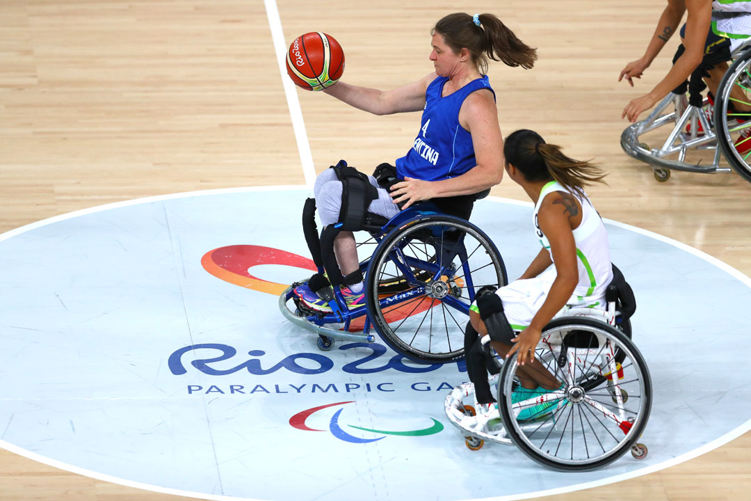 RIO DE JANEIRO, BRAZIL - SEPTEMBER 8: Ana Aurelia Rosa of Brazil and Maria Castaldi of Argentina during the Wheelchair Basketball match at Arena Carioca 1 on Day 1 of the Rio 2016 Paralympic Games on September 8, 2016 in Rio de Janeiro, Brazil. (Photo by Lucas Uebel/Getty Images)