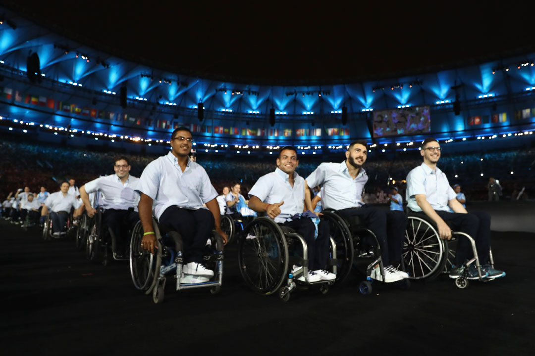 RIO DE JANEIRO, BRAZIL - SEPTEMBER 07: Members of Argentina team enter the stadium during the Opening Ceremony of the Rio 2016 Paralympic Games at Maracana Stadium on September 7, 2016 in Rio de Janeiro, Brazil. (Photo by Buda Mendes/Getty Images)