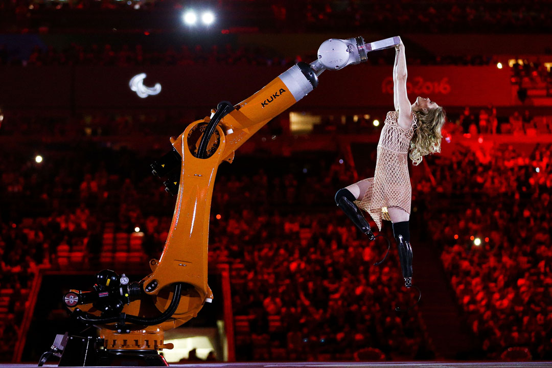 RIO DE JANEIRO, BRAZIL - SEPTEMBER 07: Amy dances with robot Kuka during the Opening Ceremony of the Rio 2016 Paralympic Games at Maracana Stadium on September 7, 2016 in Rio de Janeiro, Brazil. (Photo by Hagen Hopkins/Getty Images)