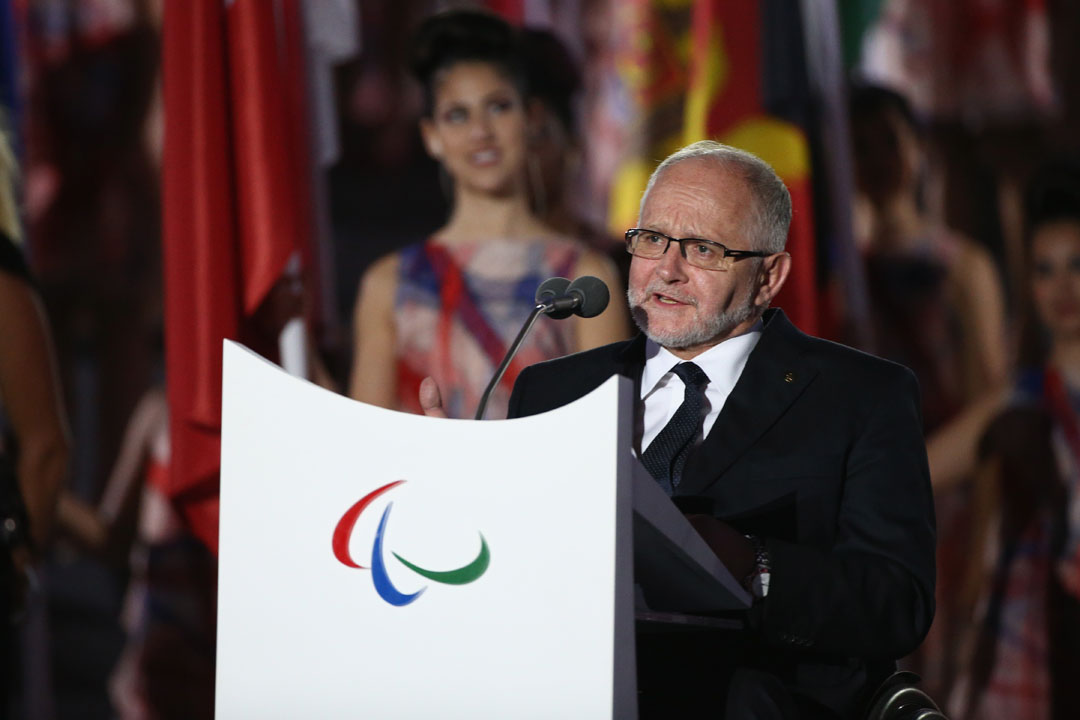 RIO DE JANEIRO, BRAZIL - SEPTEMBER 07: Philip Craven, President of the International Paralympic Committee addresses during the Opening Ceremony of the Rio 2016 Paralympic Games at Maracana Stadium on September 7, 2016 in Rio de Janeiro, Brazil. (Photo by Buda Mendes/Getty Images)