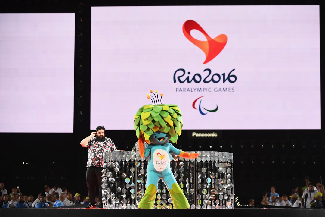 RIO DE JANEIRO, BRAZIL - SEPTEMBER 18: Olympic and Paralympic mascot Tom marks the start to the closing ceremony of the Rio 2016 Paralympic Games at Maracana Stadium on September 18, 2016 in Rio de Janeiro, Brazil. (Photo by Atsushi Tomura/Getty Images for Tokyo 2020)