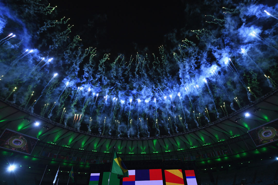 RIO DE JANEIRO, BRAZIL - SEPTEMBER 18: Fireworks erupt from the roof during the closing ceremony of the Rio 2016 Paralympic Games at Maracana Stadium on September 18, 2016 in Rio de Janeiro, Brazil. (Photo by Atsushi Tomura/Getty Images for Tokyo 2020)