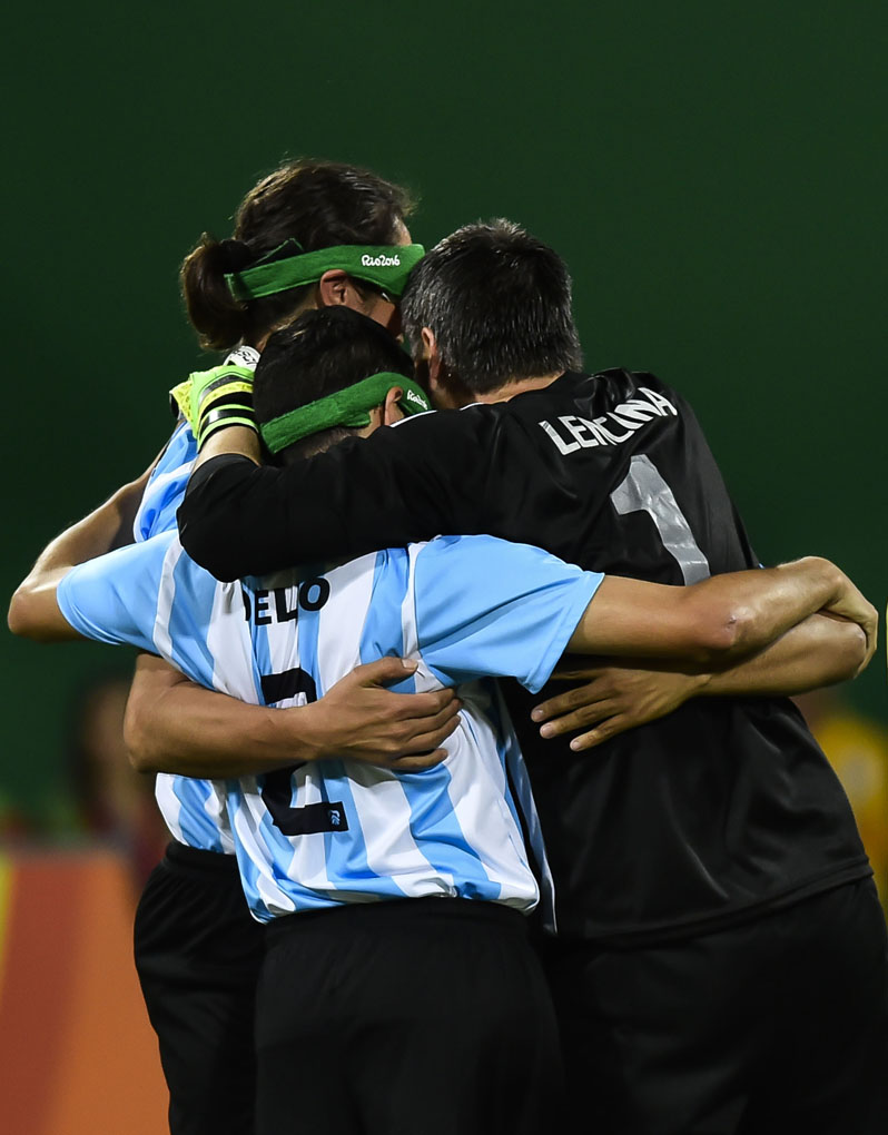 RIO DE JANEIRO, BRAZIL - SEPTEMBER 09: Players of Argentina celebrate scoring during the Men's Football 5-a-side between Argentina and Mexico at the Olympic Tennis Centre on Day 2 of the Paralympic Games on September 9, 2016 in Rio de Janeiro, Brazil. (Photo by Bruna Prado/Getty Images)