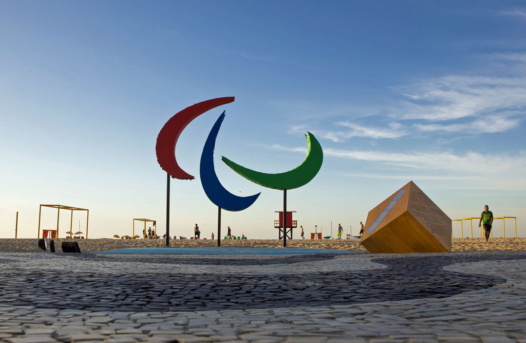 RIO DE JANEIRO, BRAZIL - SEPTEMBER 04: Paralympic symbol, displayed at Copacabana beach during the sunrise on September 04, 2016 in Rio de Janeiro, Brazil. Rio 2016 will be the first Paralympics Games in South America. The games begin September 4. (Photo by Buda Mendes/Getty Images)